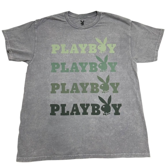 PLAYBOY Tops - Playboy Womens Size L Graphic T-Shirt Gray Mineral Wash Green Stacked Logo NEW